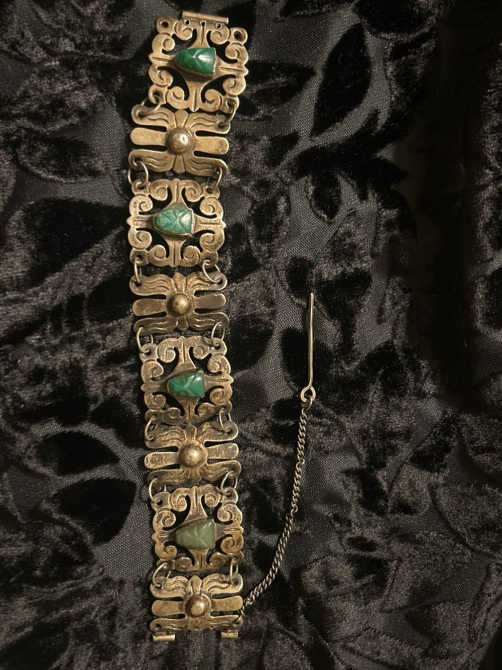 Handcrafted Silver Bracelet with Green Stone Turquoise Accents
